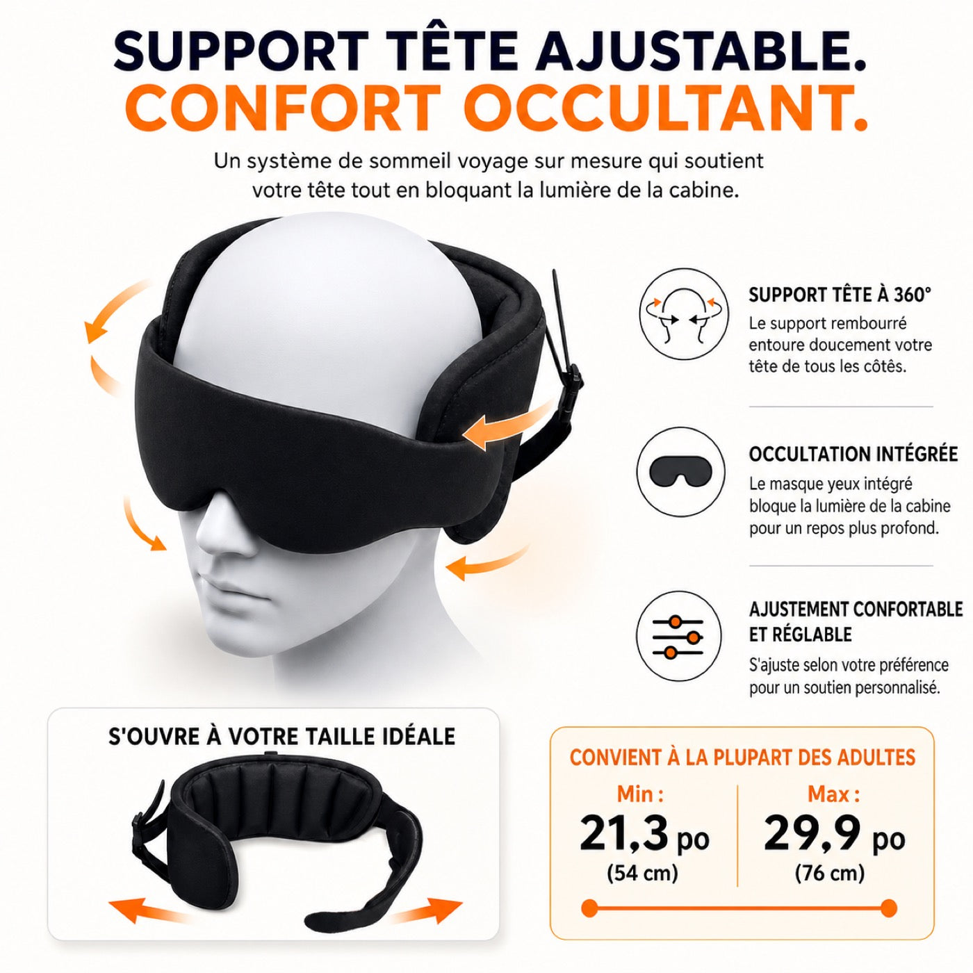 Support tête ajustable, confort occultant